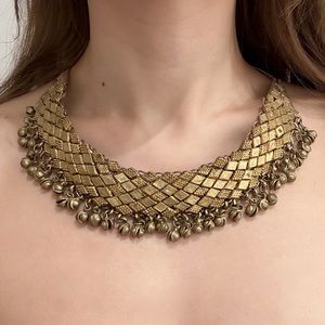 Vintage Antique Ornamental Gold Bell Necklace with Weave Pattern